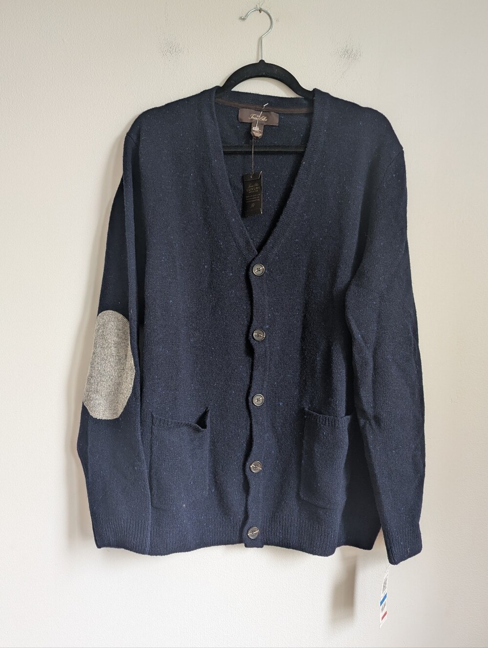 Mens Tasso Elba Lambswool Navy Button Front Cardigan with Gray Patch Elbows XL
